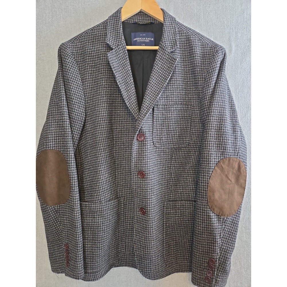 American Eagle Blazer Mens L Houndstooth Gray Wool Blend Elbow Patches Old Money